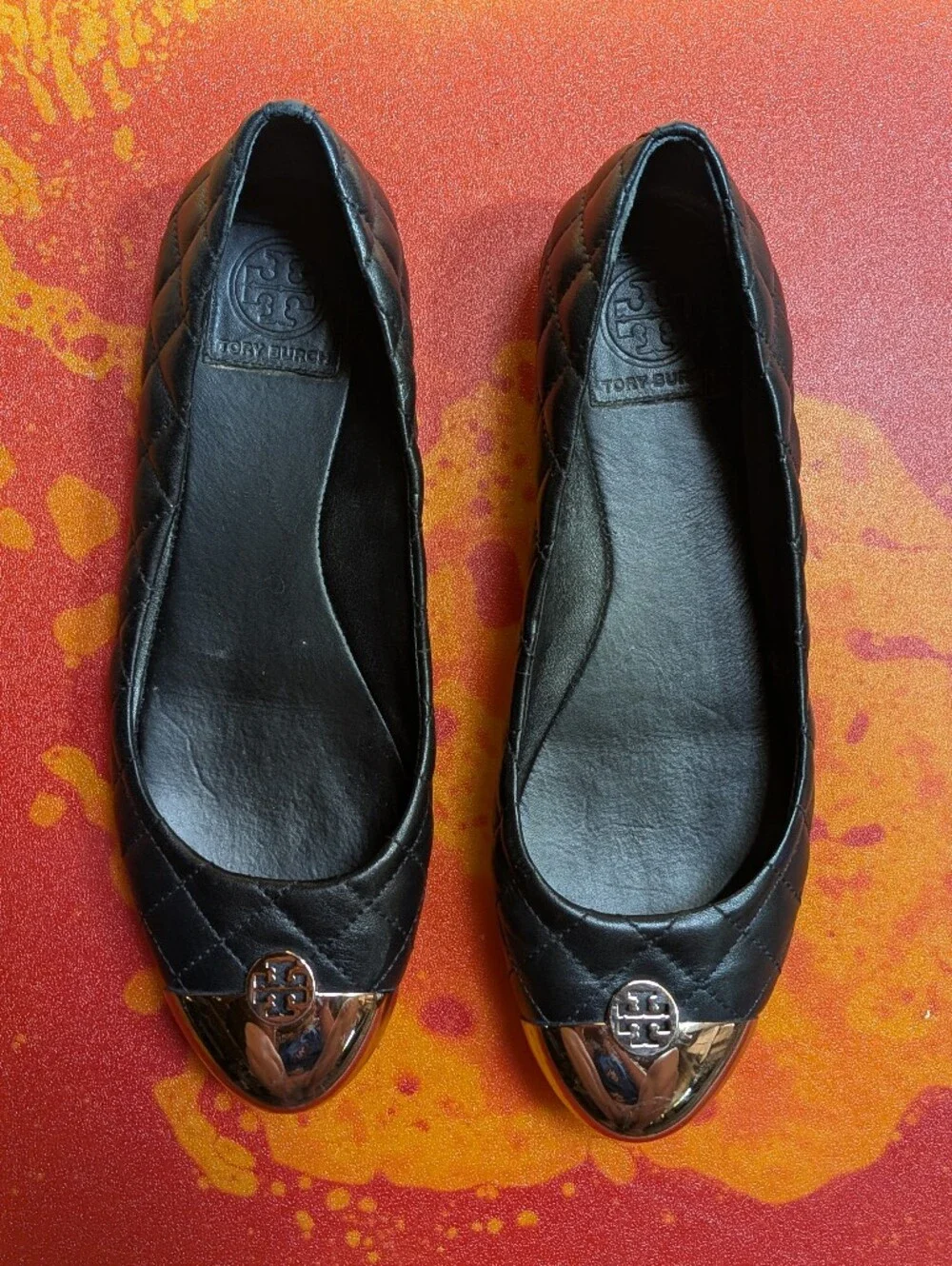 Tory Burch Black Quilted Leather Cap-Toe Ballet Flats with Gold Logo